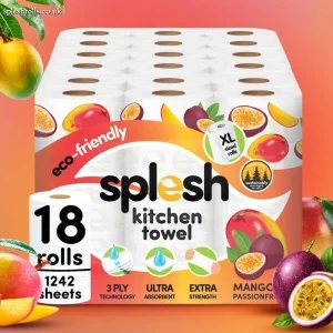 Splesh Culina Kitchen Towel – Mango & Passionfruit scented 3 Ply Ultra Absorbent Household XL Roll, 18 Rolls