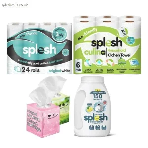 Splesh Toilet Roll Quilted White 24 Rolls, Culina Kitchen Towel 6 Rolls, Ultra Soft Tissues 2 Boxes with 3in1 Dishwasher Tablets,150W