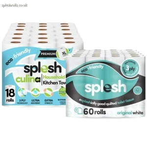 Splesh Toilet Roll Quilted White 60 Rolls with Culina Kitchen Towel 18 Rolls