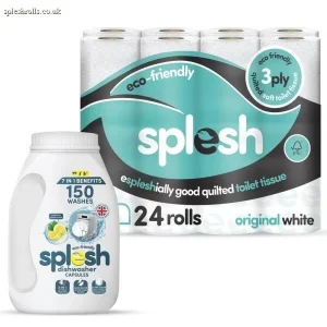 Splesh Toilet Paper Original White 3Ply 24 Rolls w/ 3in1 Dishwasher Tablets 150W